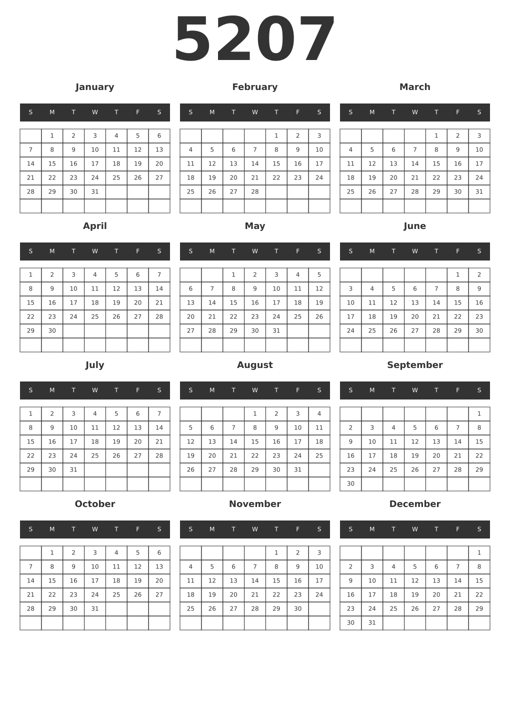 Printable 5207 Year Calendars dark