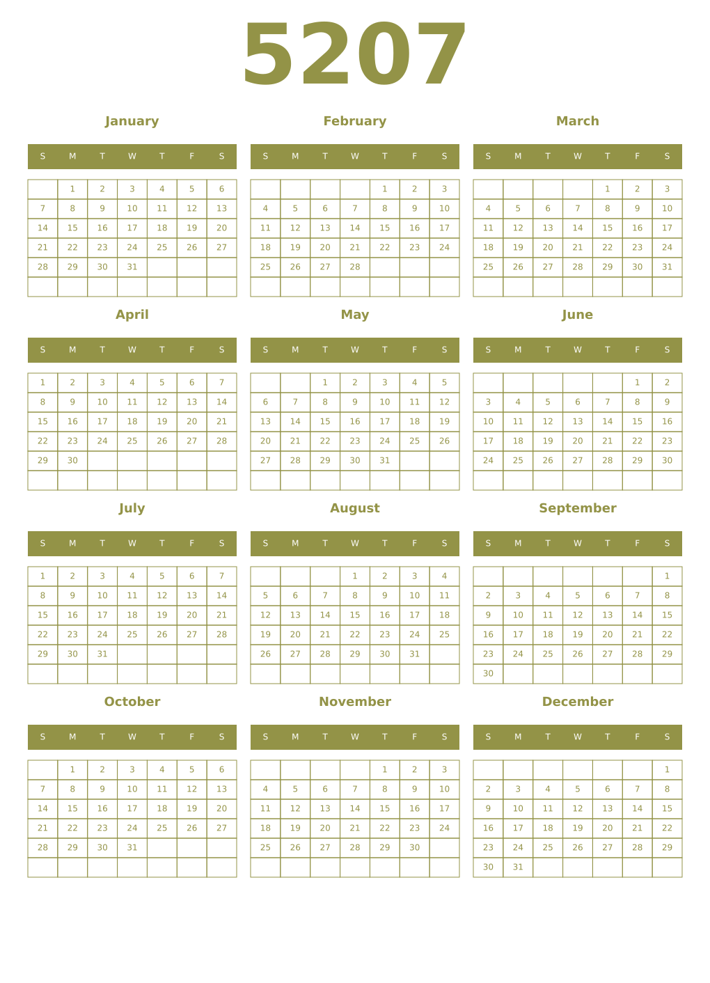 Printable 5207 Year Calendars eburnean