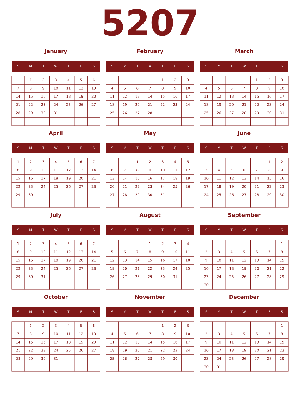 Printable 5207 Year Calendars falu