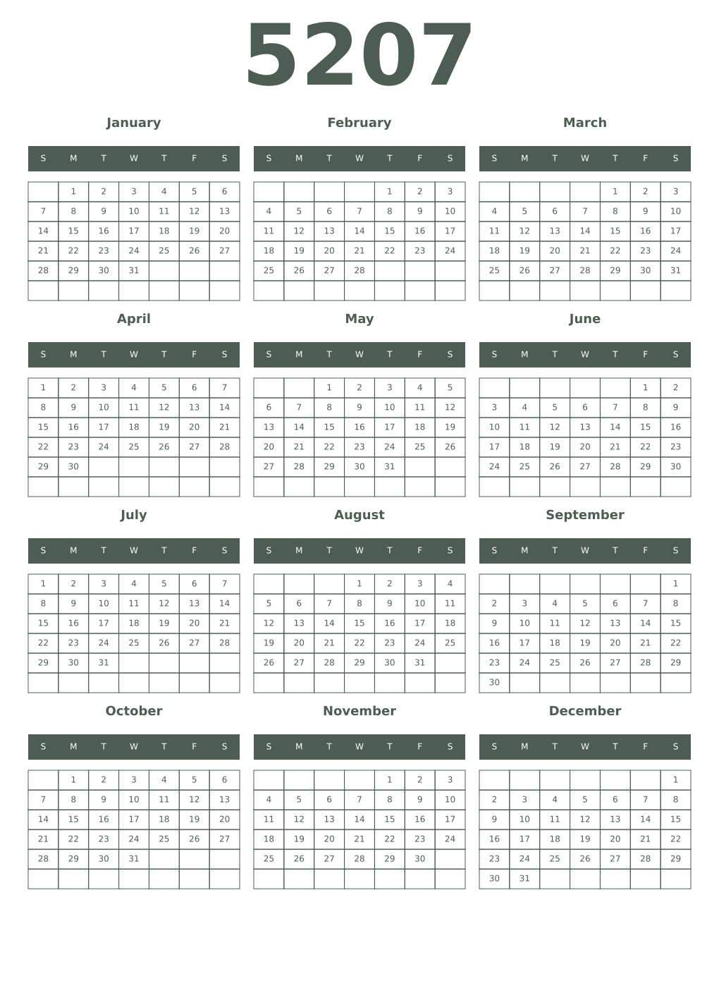 Printable 5207 Year Calendars feldgrau