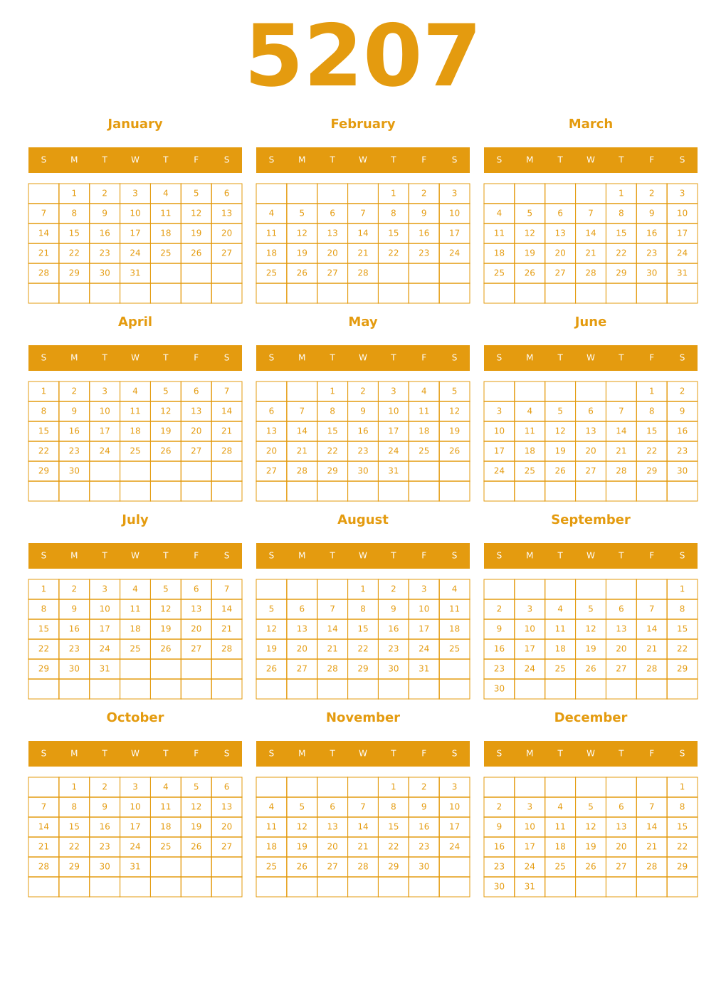 Printable 5207 Year Calendars gamboge