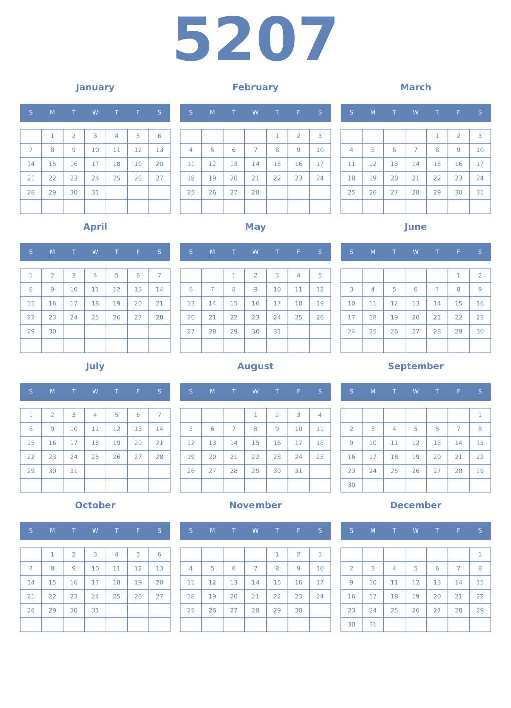 Printable 5207 Year Calendars glaucous
