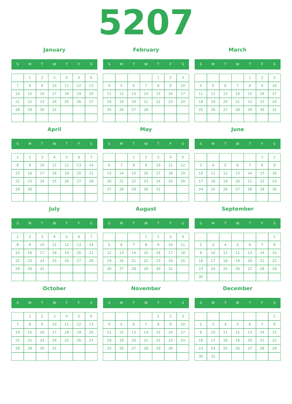 Printable 5207 Year Calendars green