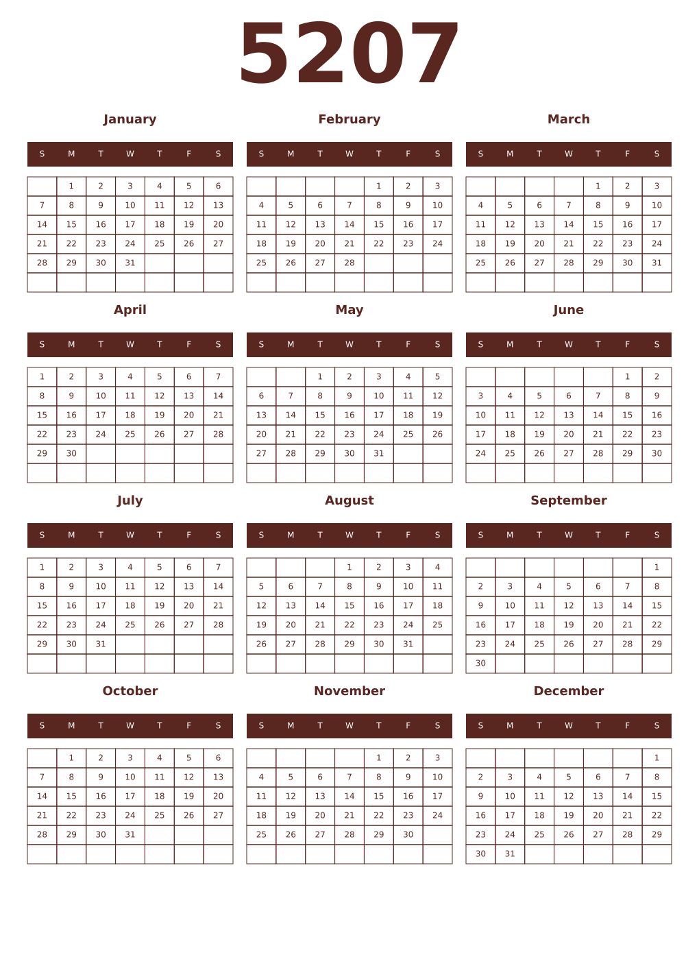 Printable 5207 Year Calendars mortuum