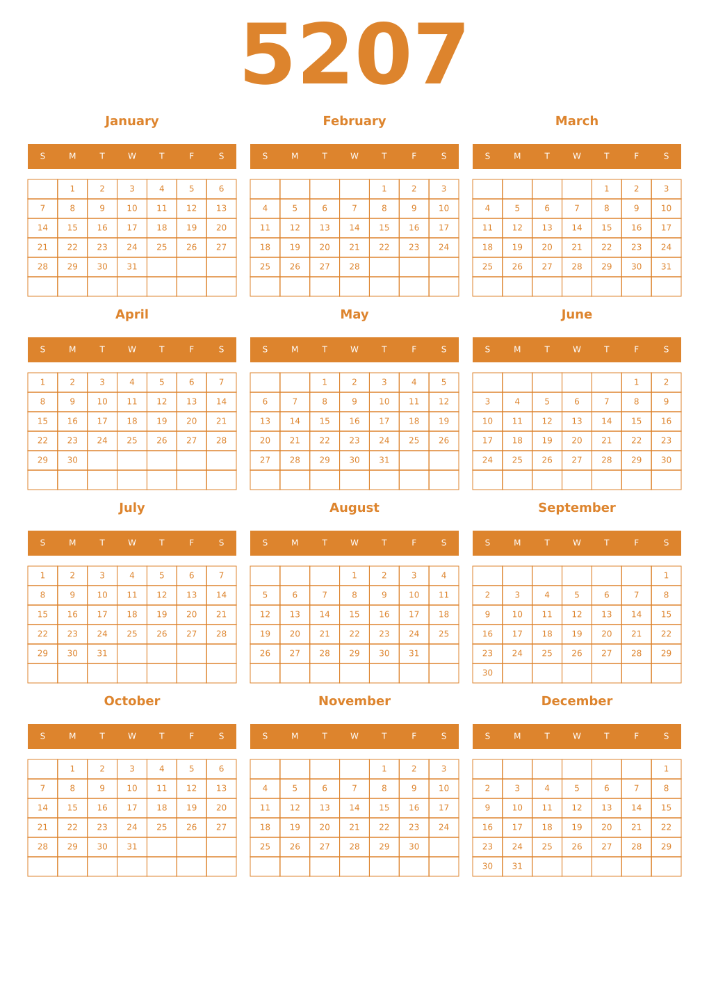 Printable 5207 Year Calendars orange
