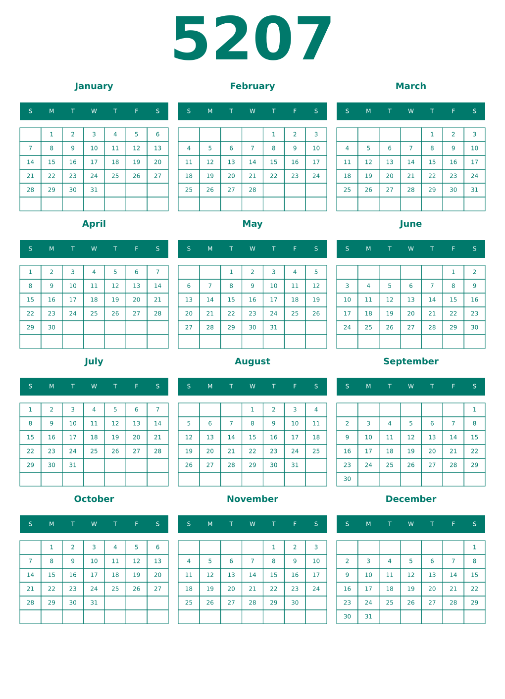 Printable 5207 Year Calendars pastel