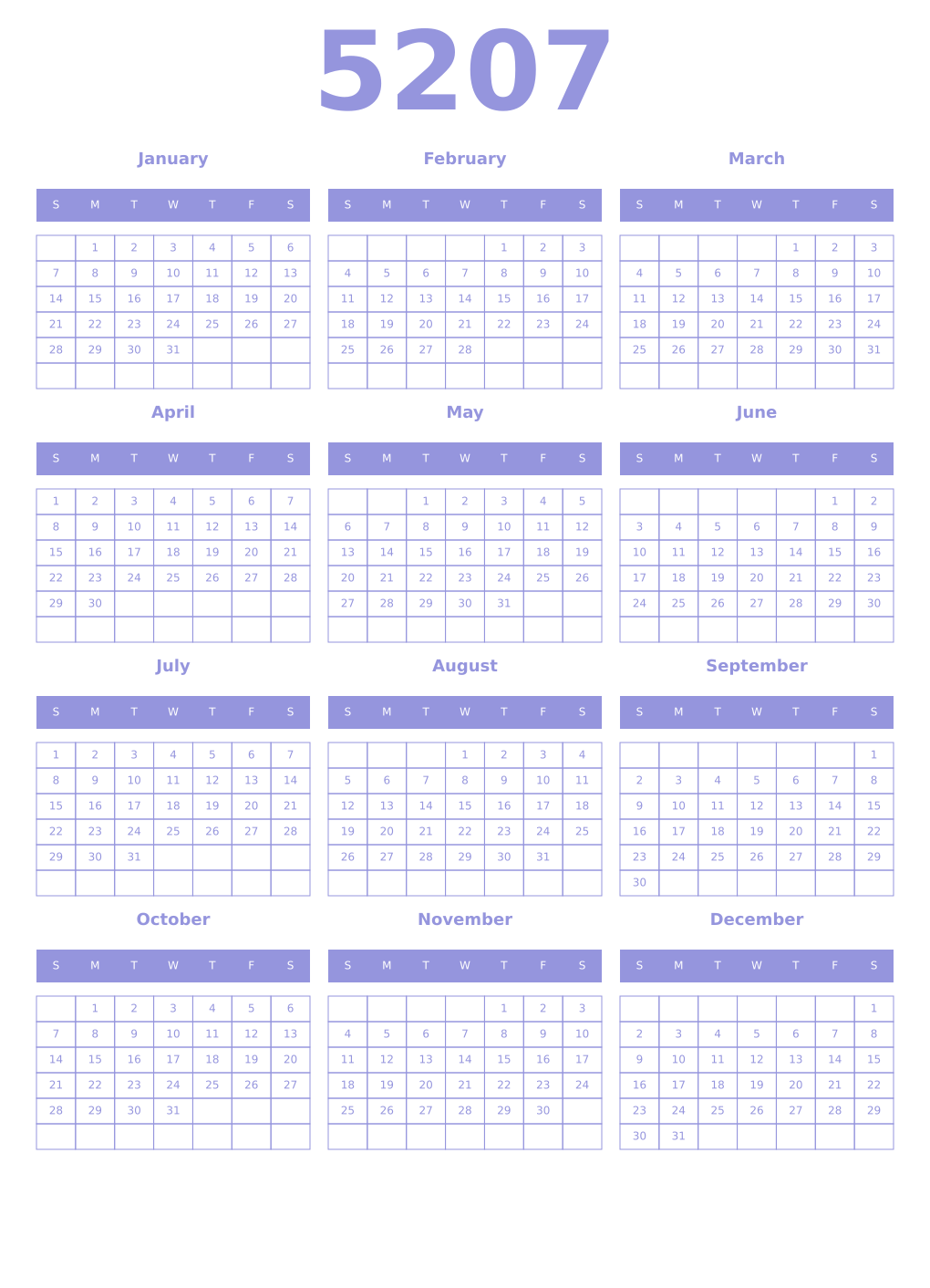 Printable 5207 Year Calendars periwinkle