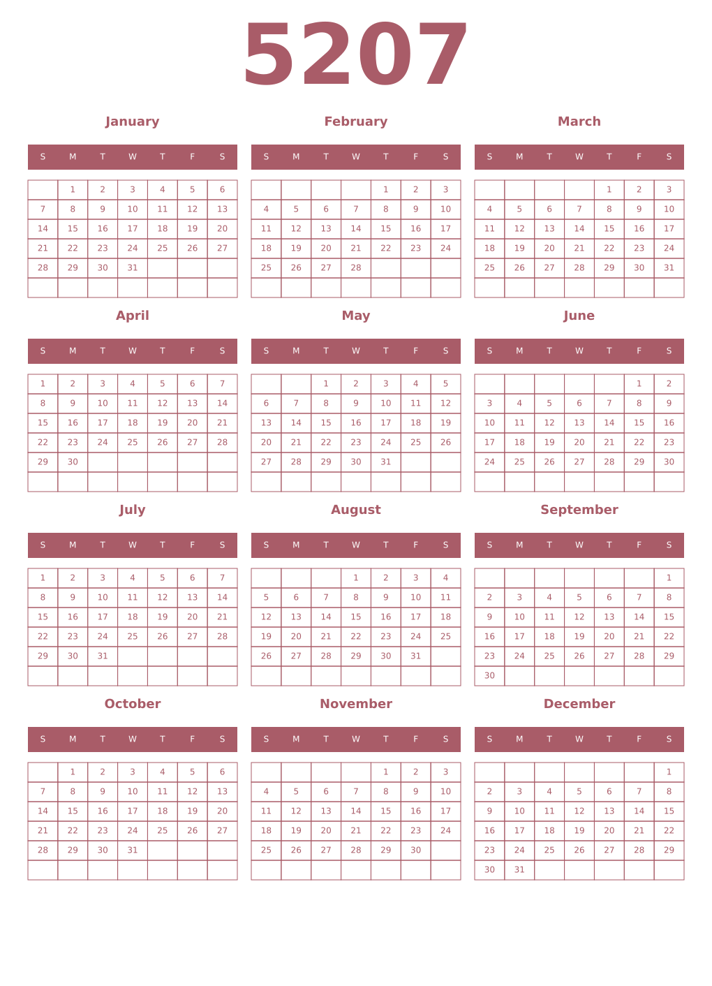 Printable 5207 Year Calendars puce