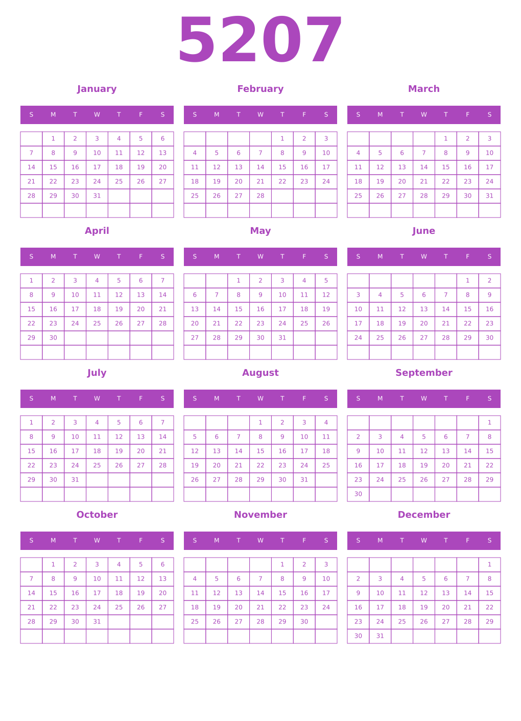 Printable 5207 Year Calendars purple