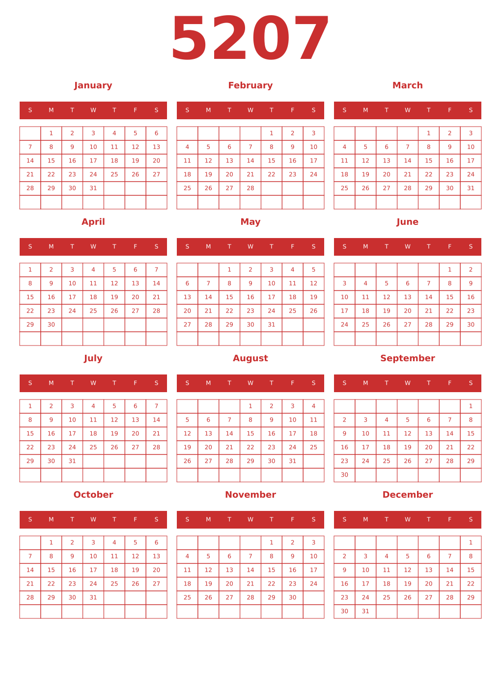 Printable 5207 Year Calendars red