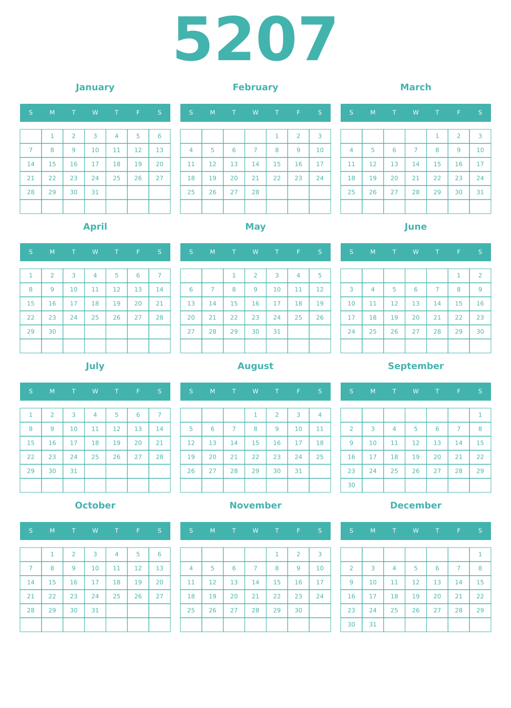 Printable 5207 Year Calendars verdigris