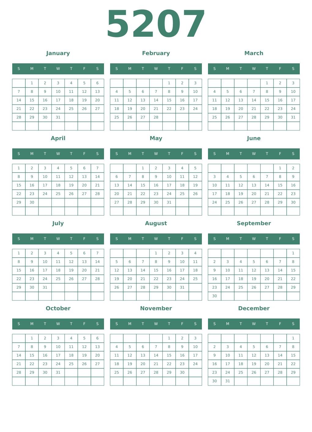 Printable 5207 Year Calendars viridian