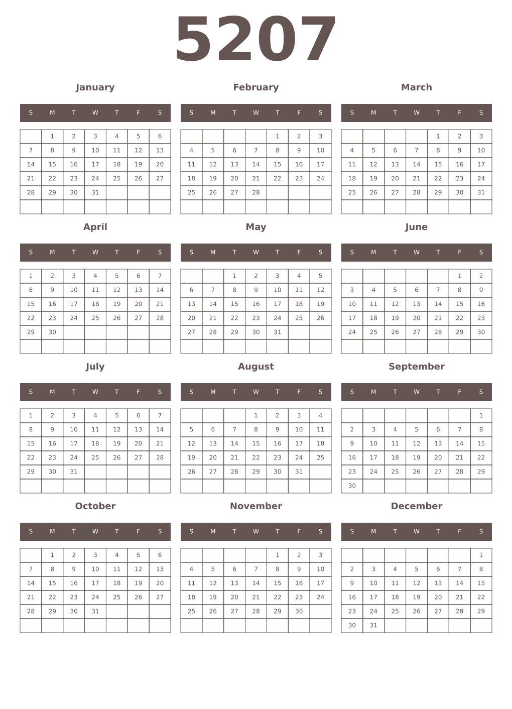 Printable 5207 Year Calendars wenge