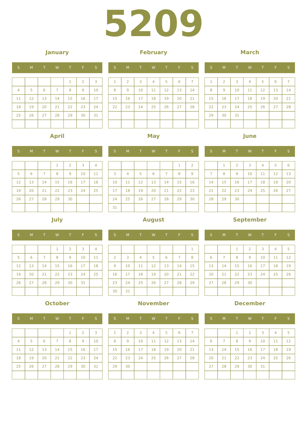 Printable 5209 Year Calendars eburnean