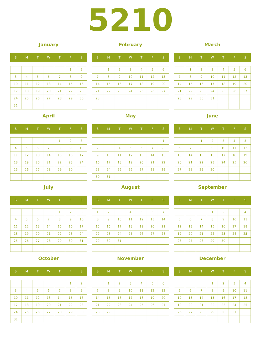 Printable 5210 Year Calendars chartreuse