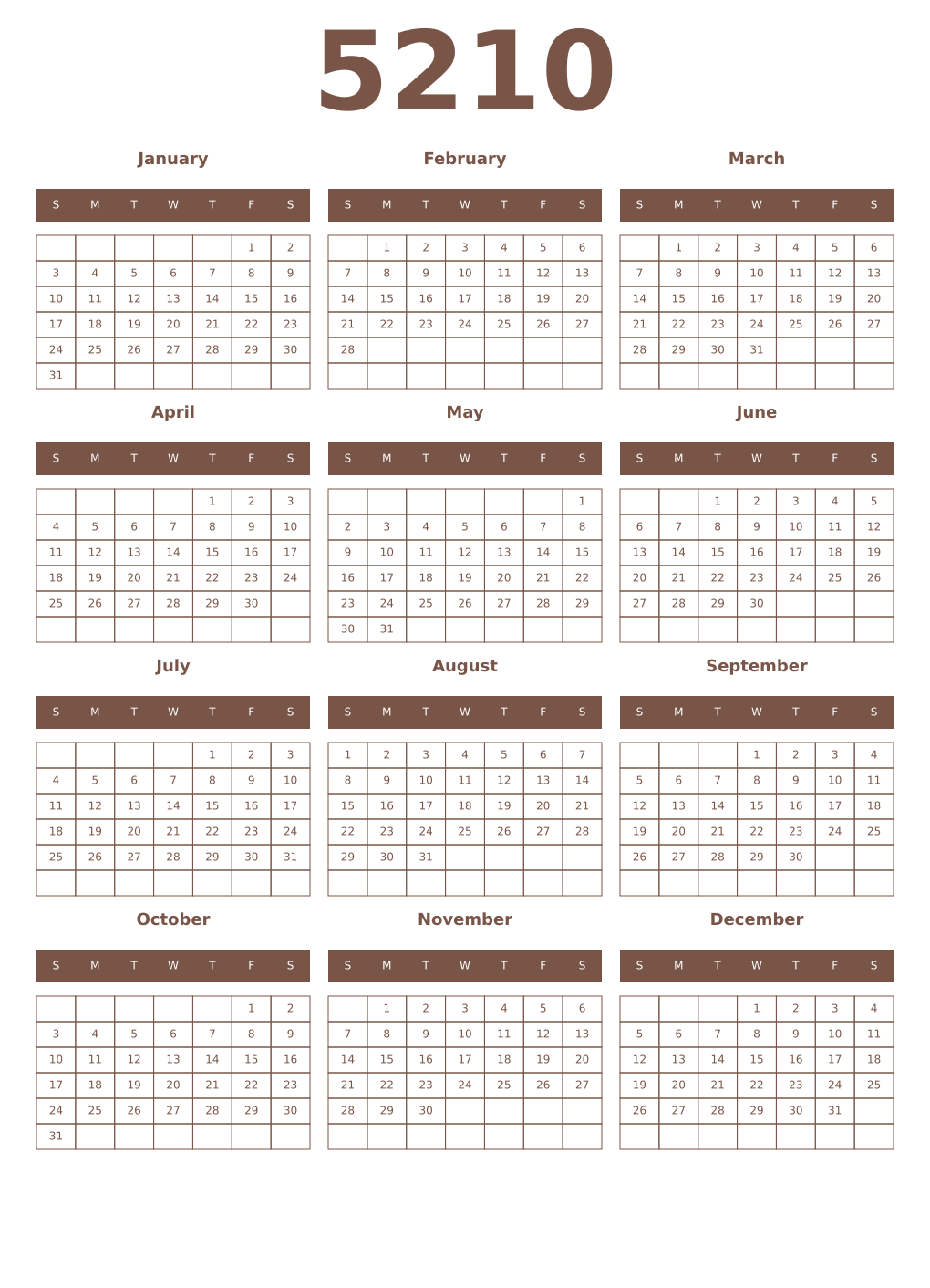 Printable 5210 Year Calendars coffe