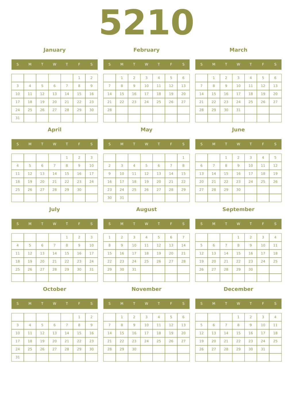 Printable 5210 Year Calendars eburnean