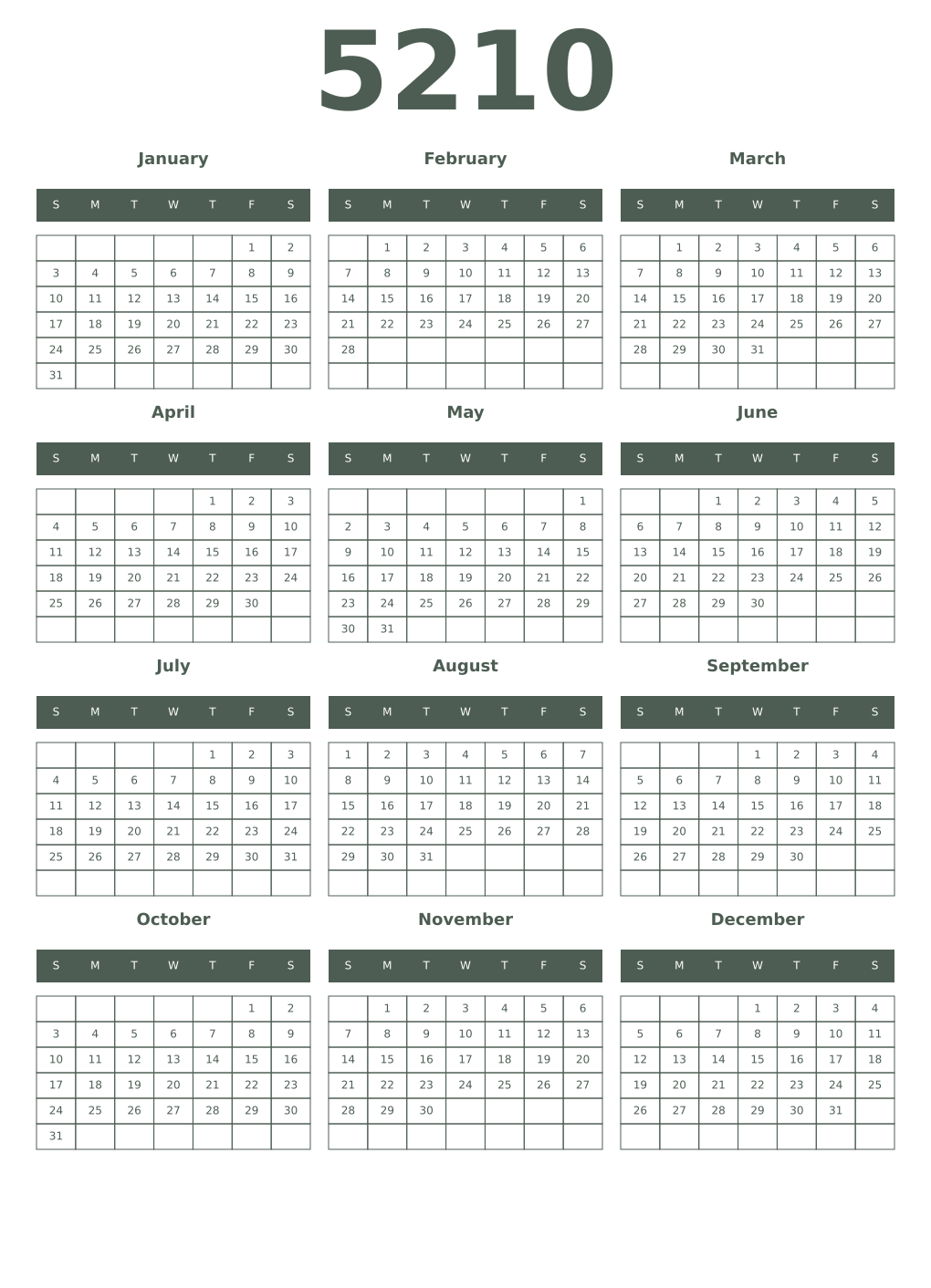 Printable 5210 Year Calendars feldgrau