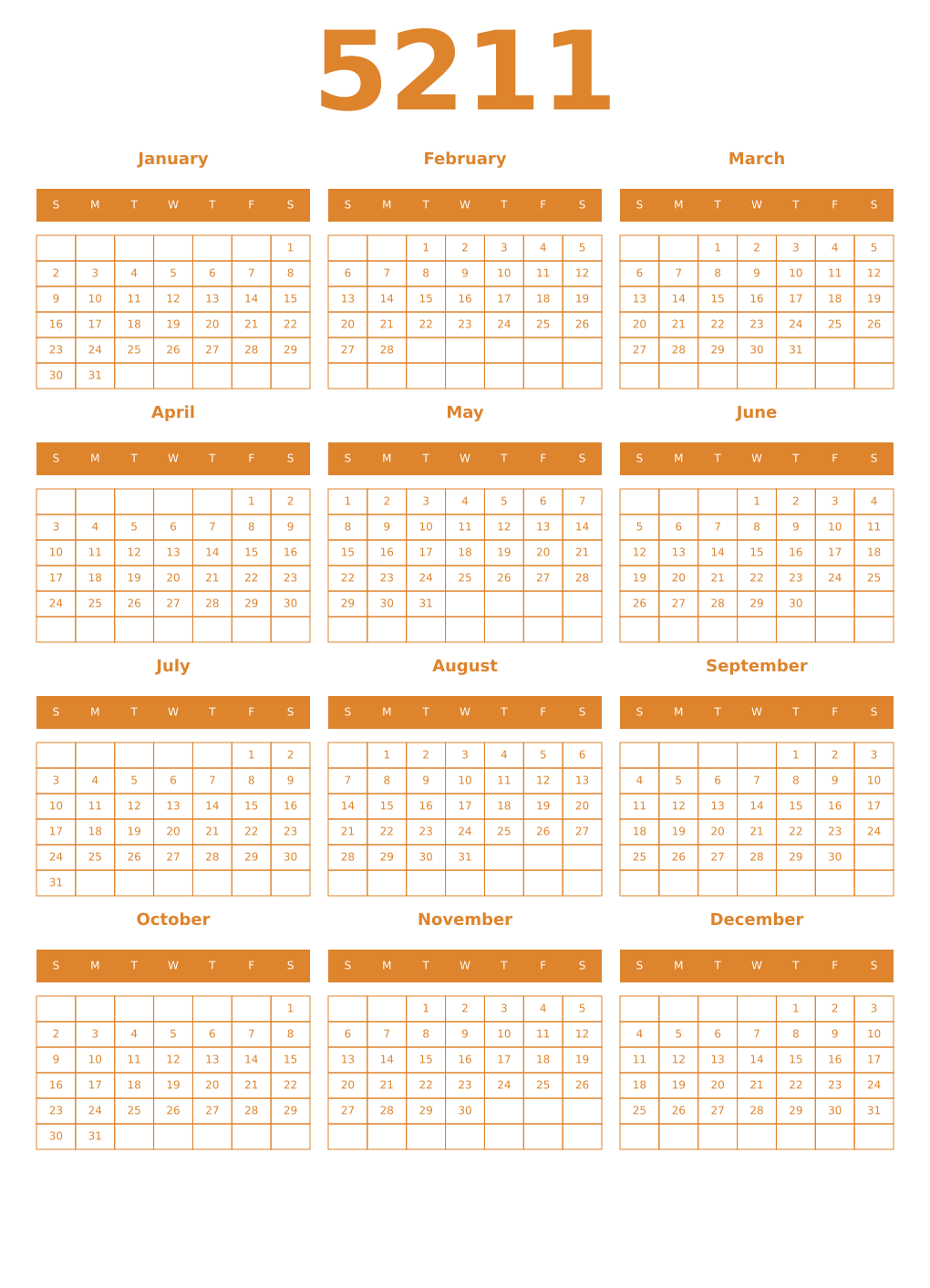 Printable 5211 Year Calendars orange