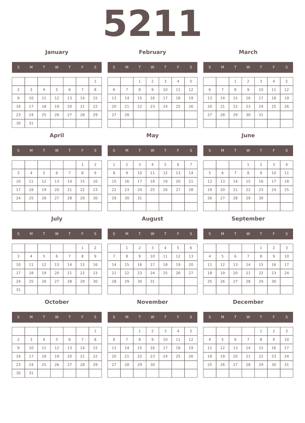 Printable 5211 Year Calendars wenge