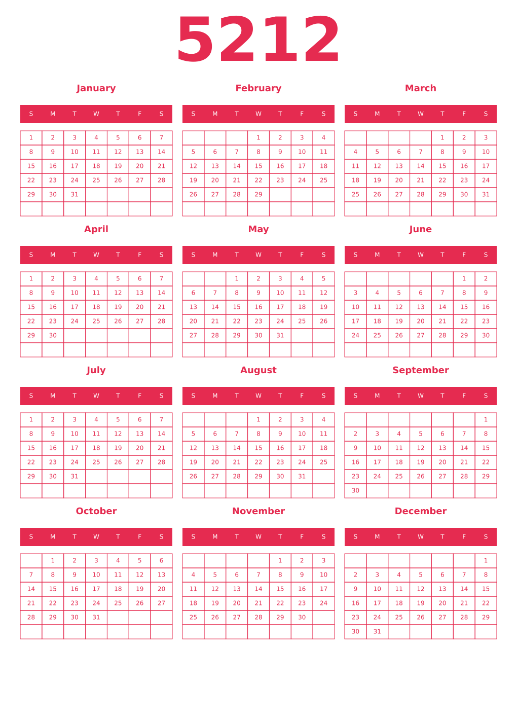 Printable 5212 Year Calendars amaranth