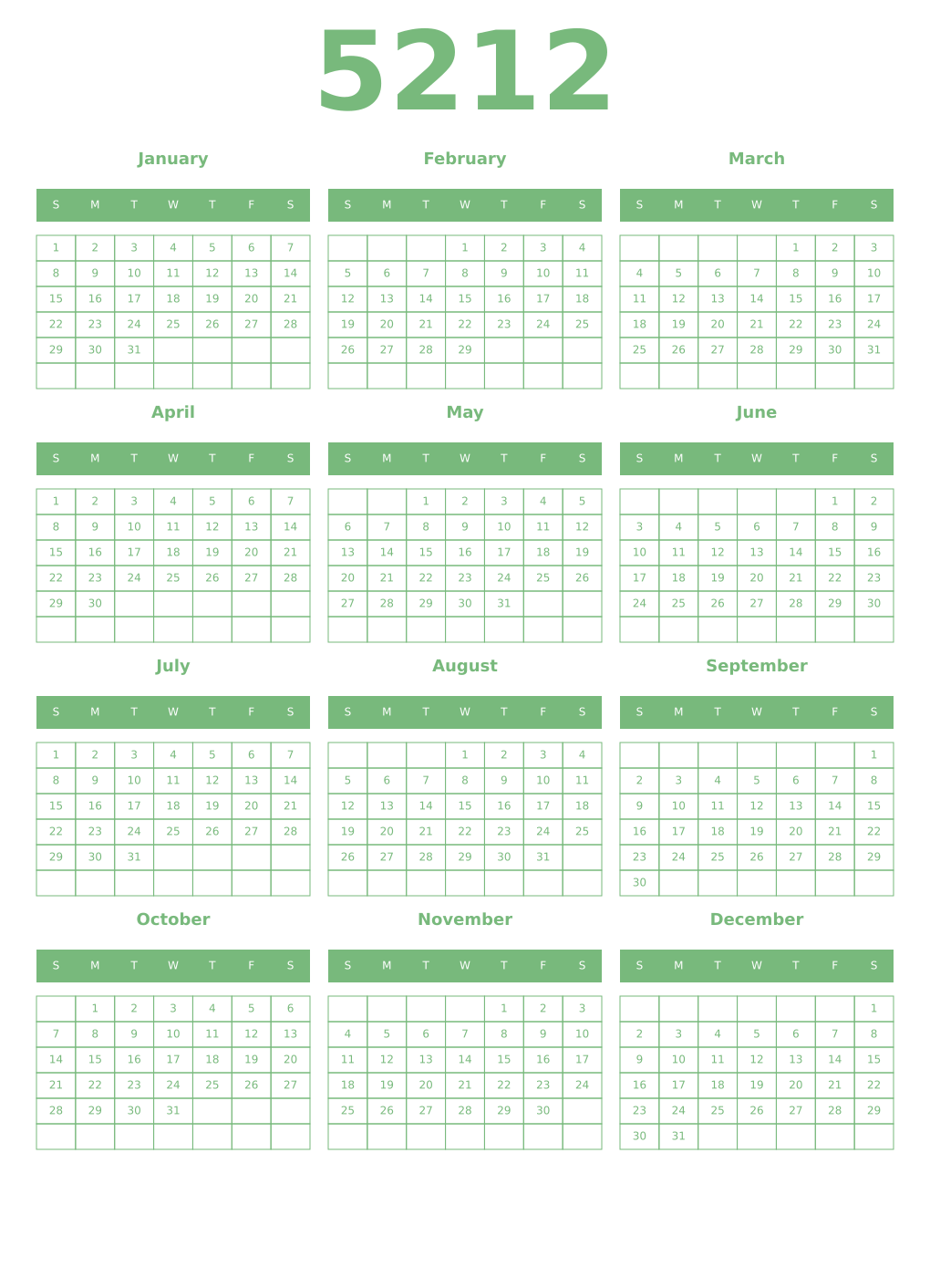 Printable 5212 Year Calendars celadon