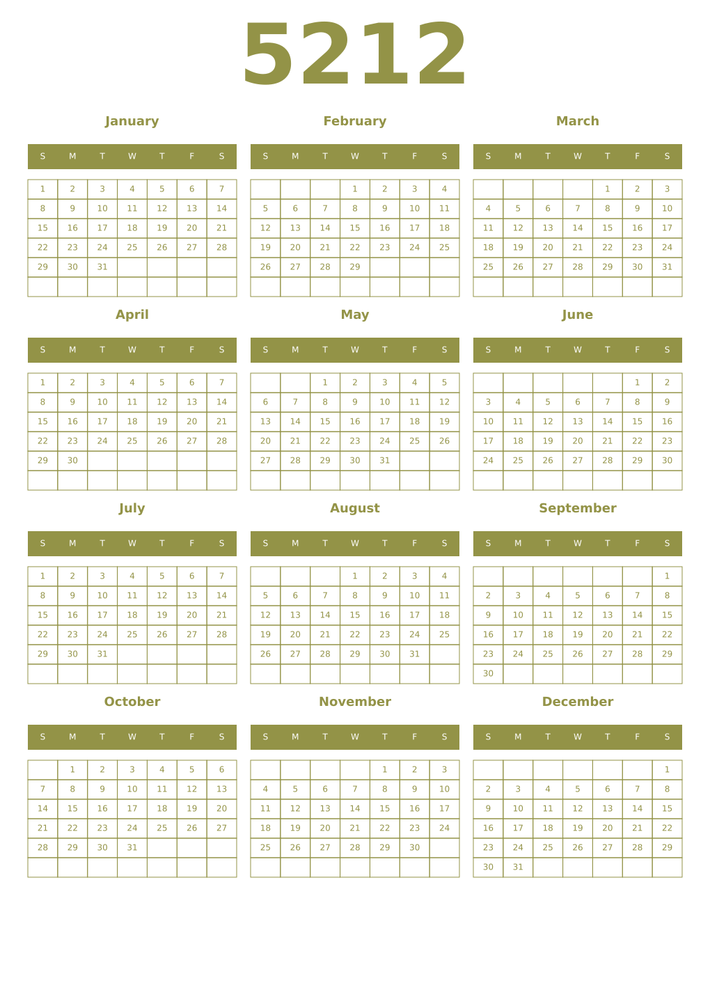 Printable 5212 Year Calendars eburnean