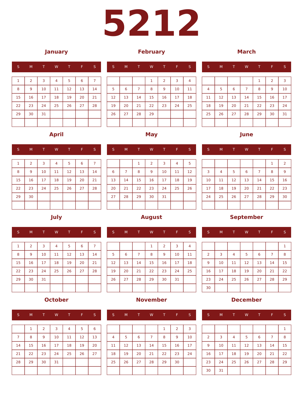 Printable 5212 Year Calendars falu