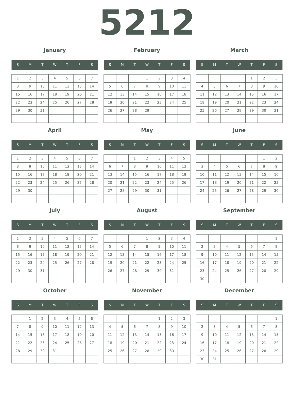 Printable 5212 Year Calendars feldgrau