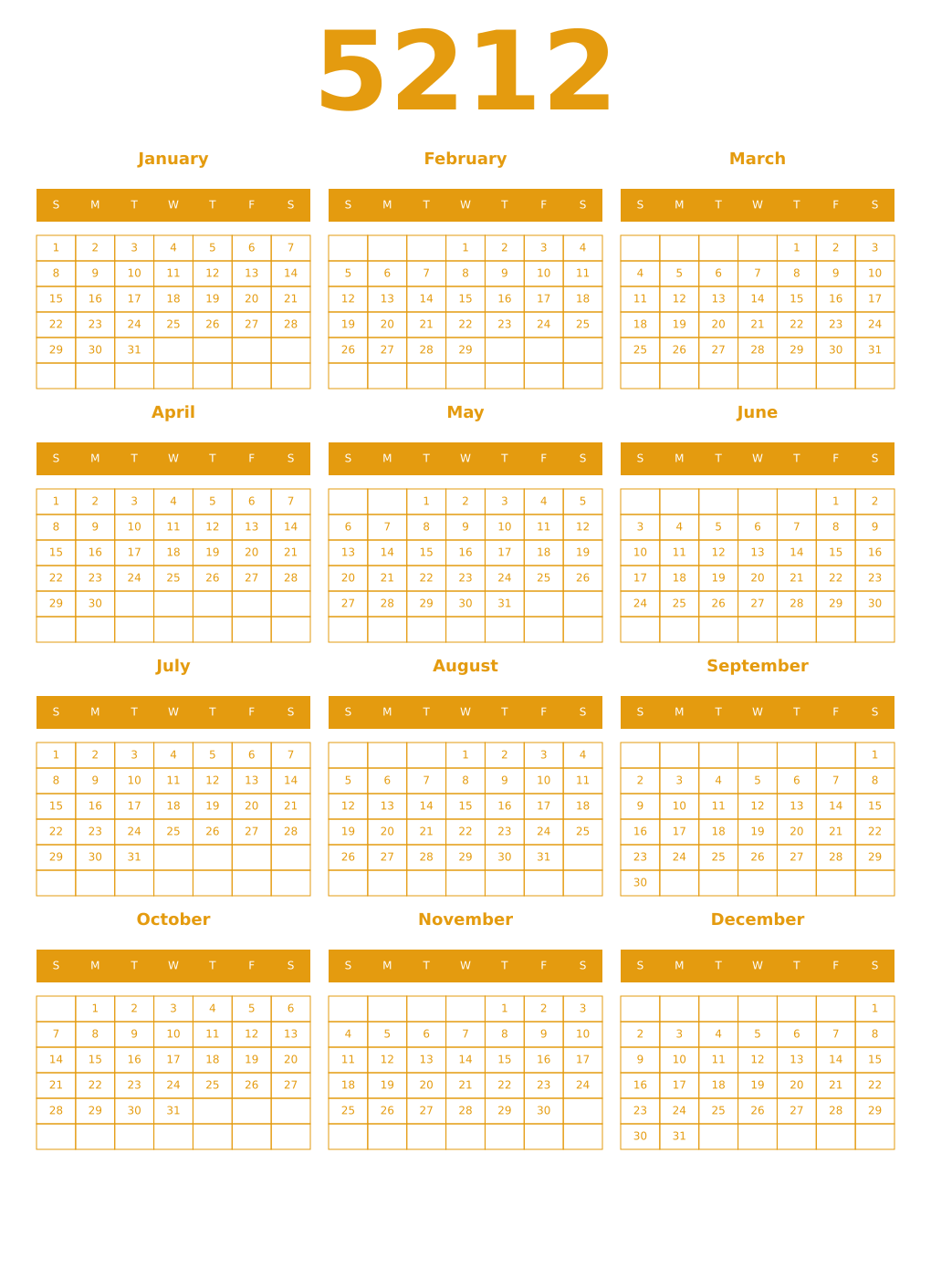 Printable 5212 Year Calendars gamboge
