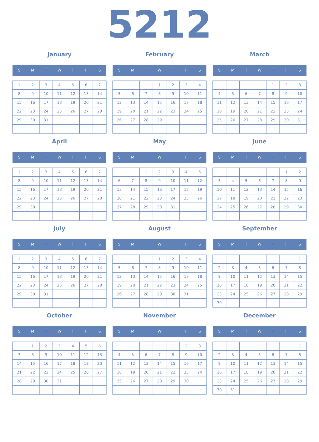 Printable 5212 Year Calendars glaucous