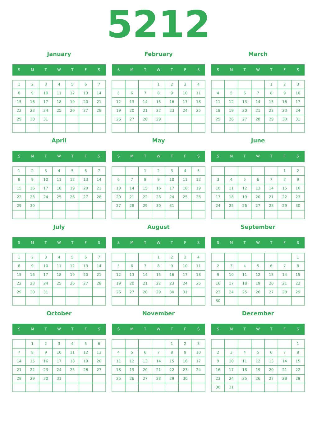 Printable 5212 Year Calendars green