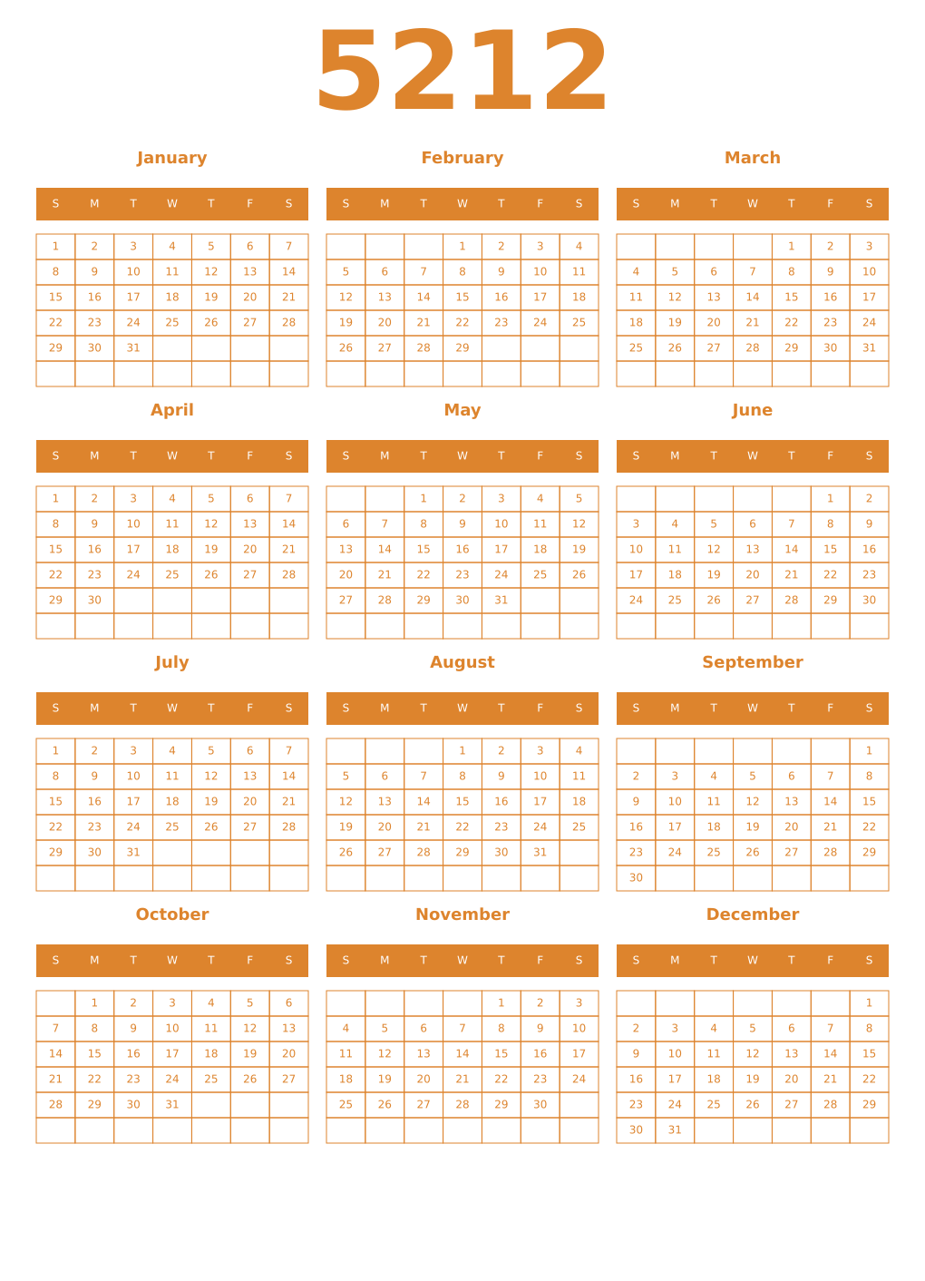 Printable 5212 Year Calendars orange