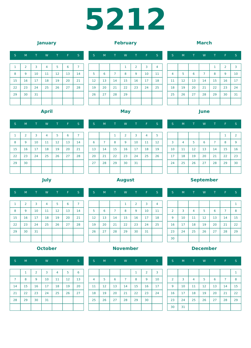 Printable 5212 Year Calendars pastel