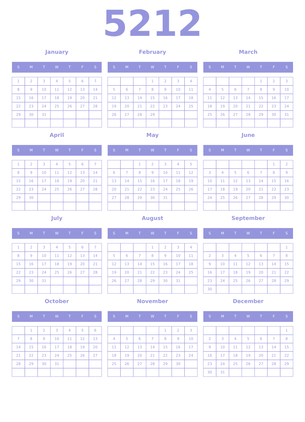 Printable 5212 Year Calendars periwinkle