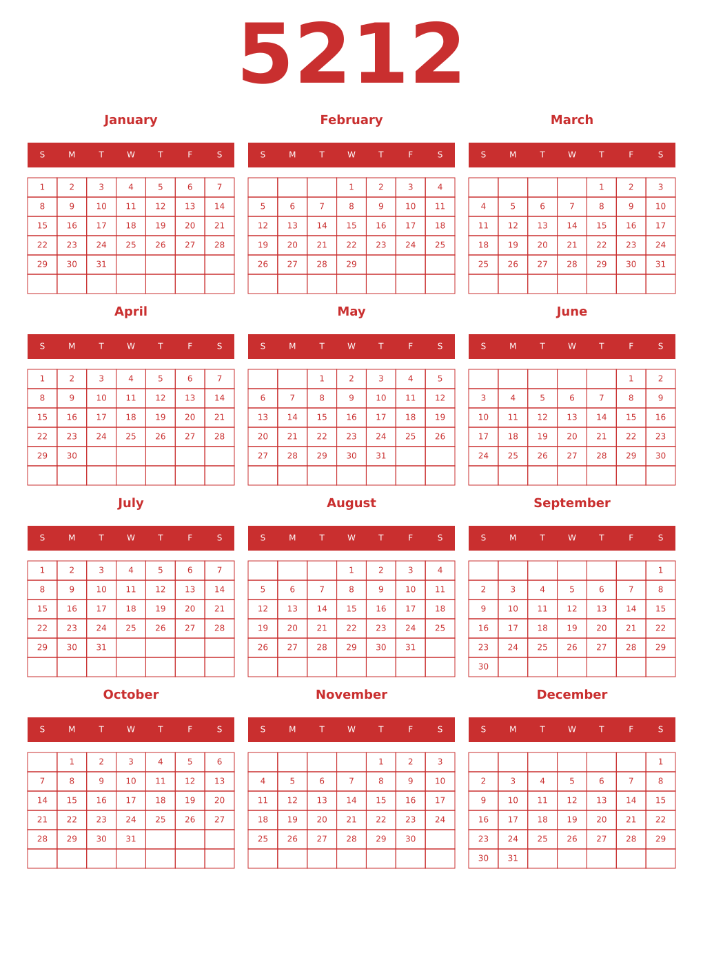Printable 5212 Year Calendars red