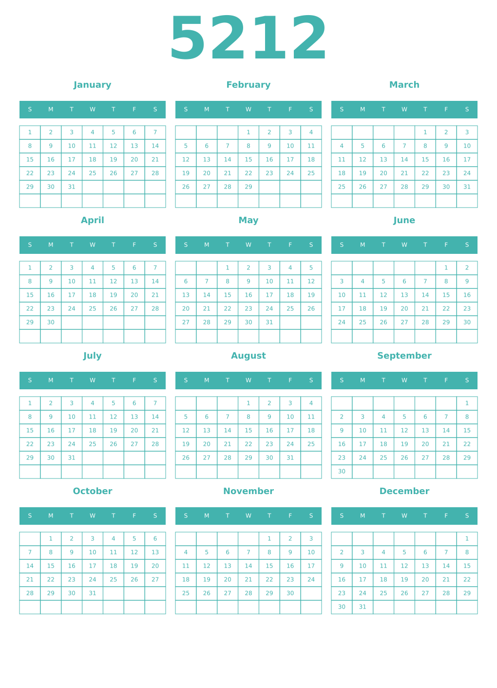Printable 5212 Year Calendars verdigris