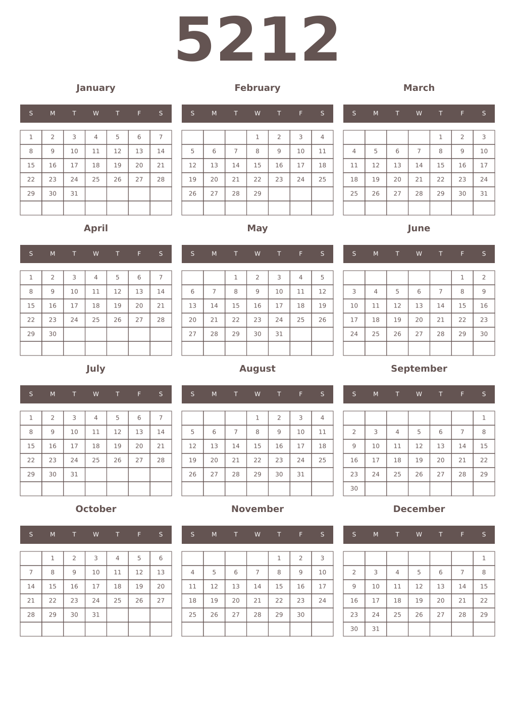 Printable 5212 Year Calendars wenge