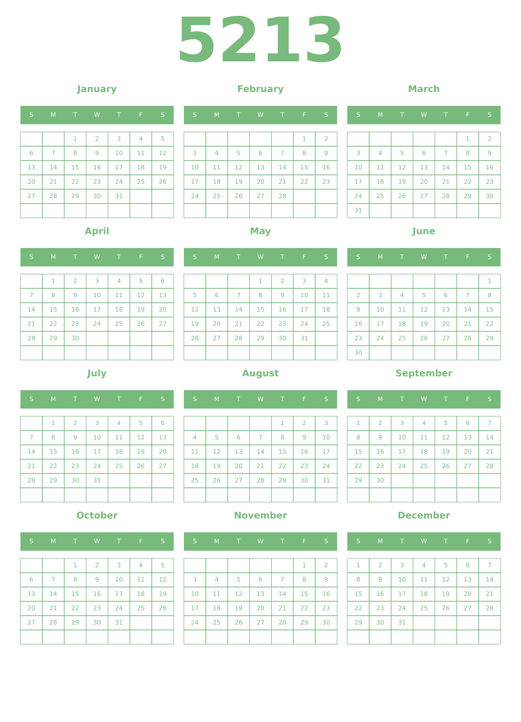 Printable 5213 Year Calendars celadon