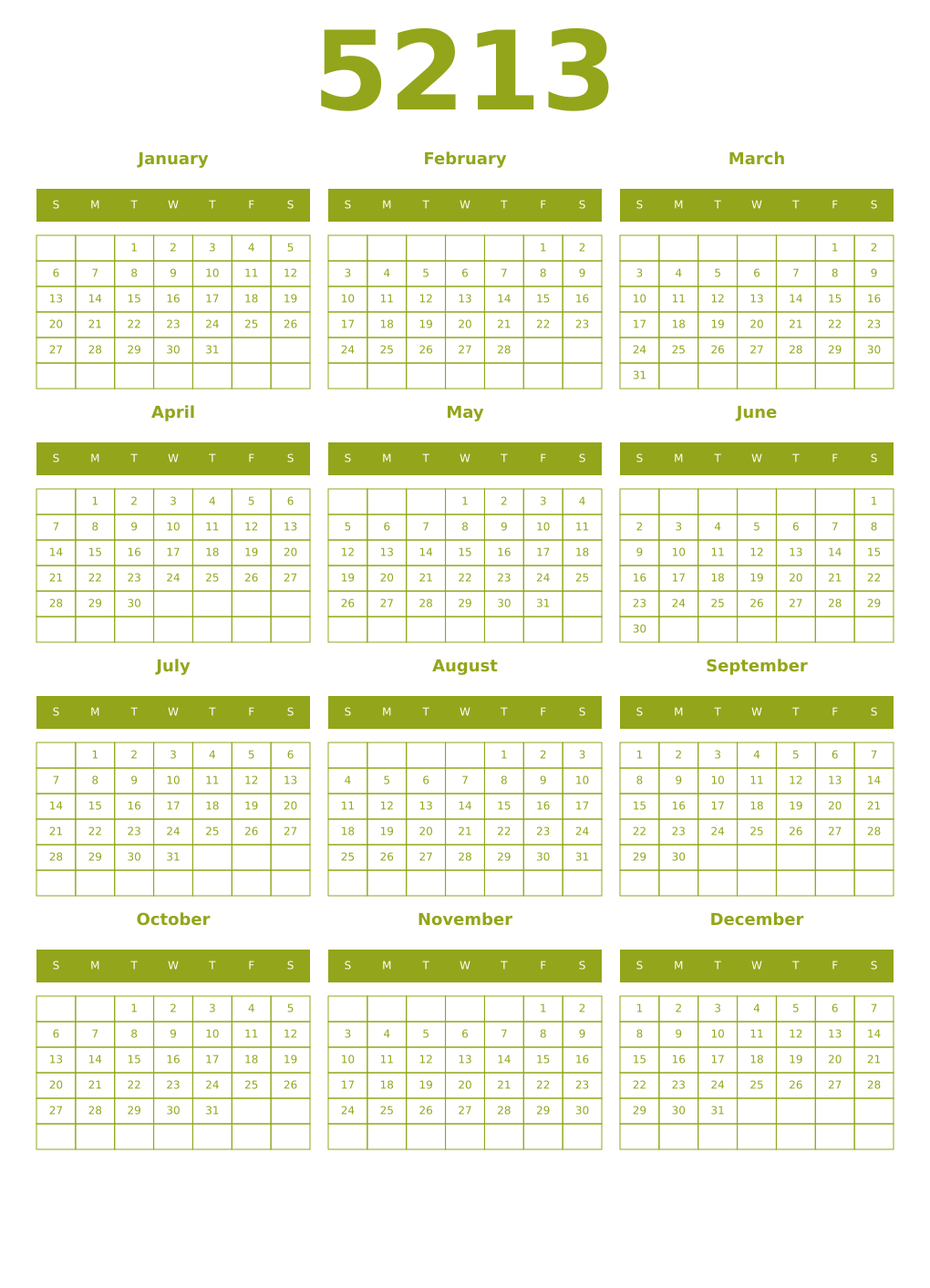 Printable 5213 Year Calendars chartreuse