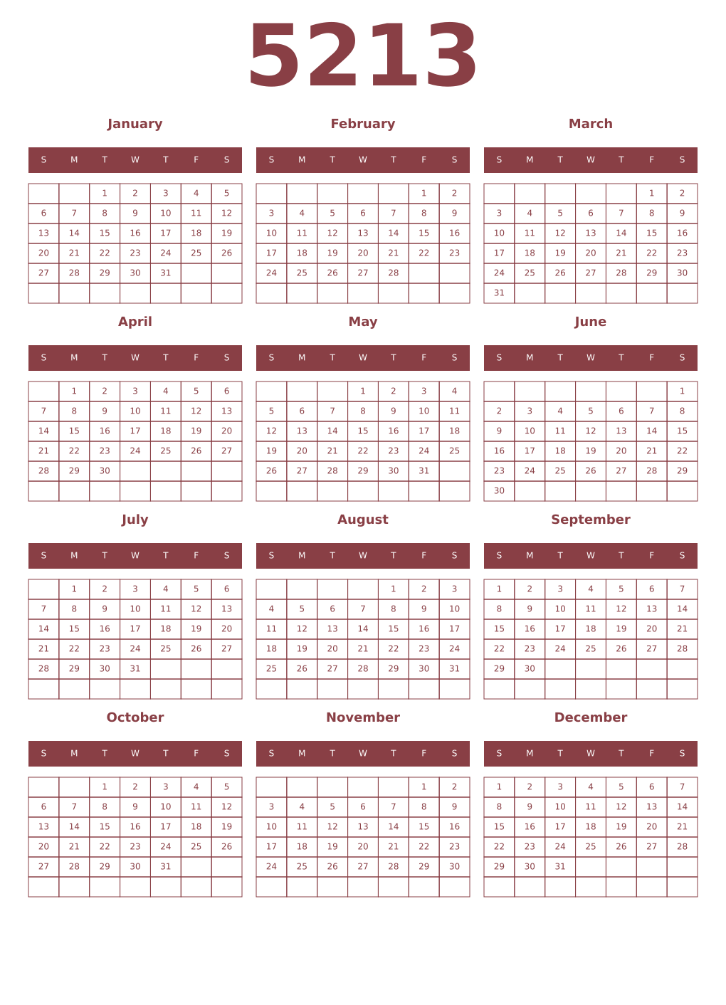 Printable 5213 Year Calendars cordovan