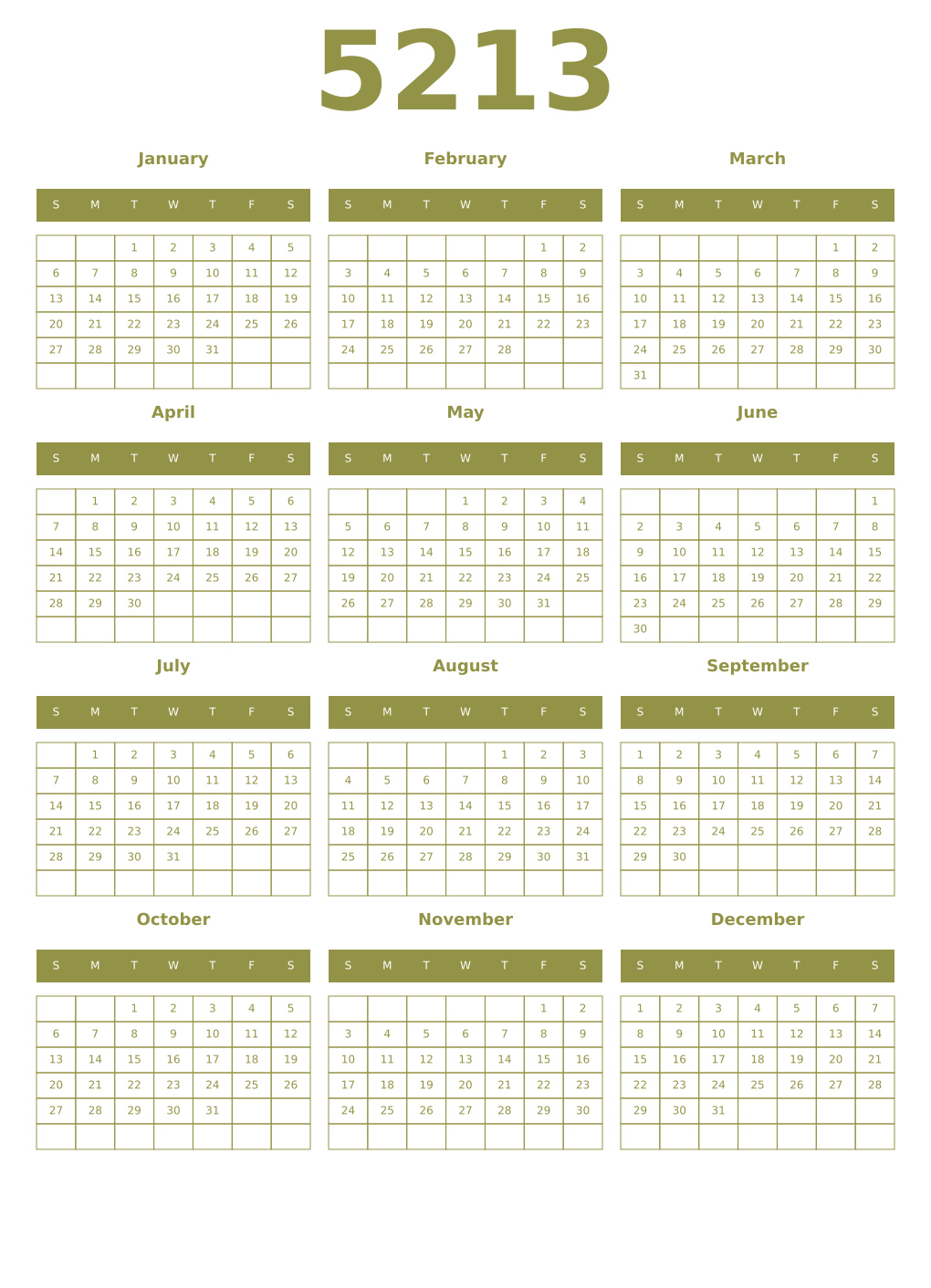 Printable 5213 Year Calendars eburnean