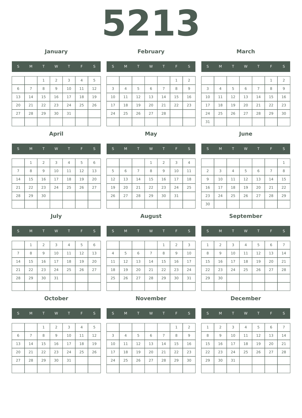 Printable 5213 Year Calendars feldgrau