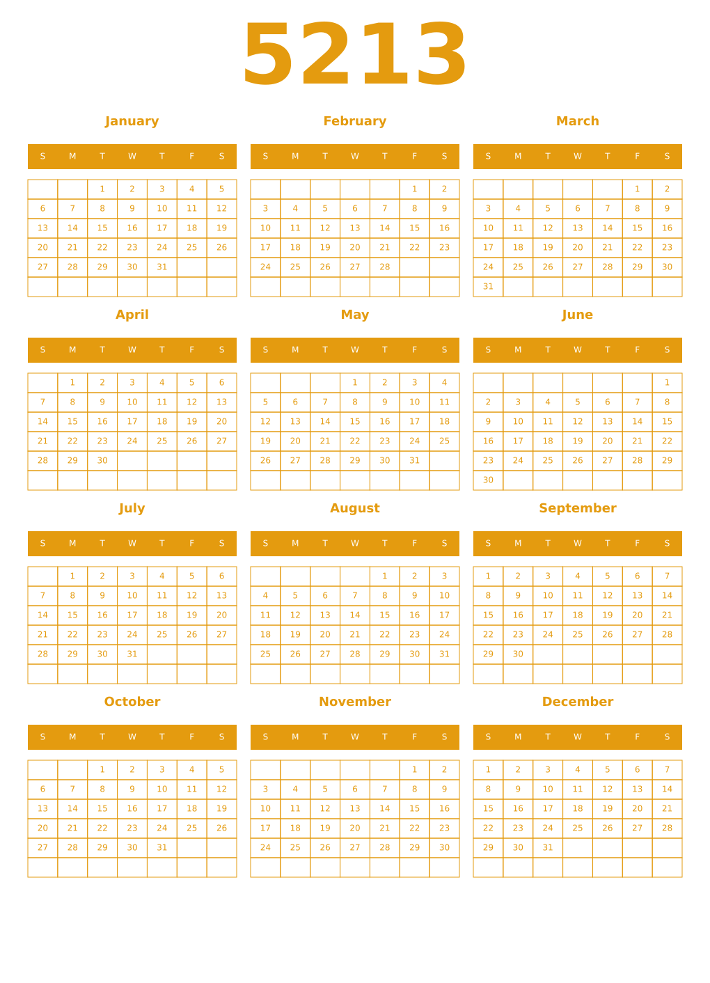 Printable 5213 Year Calendars gamboge