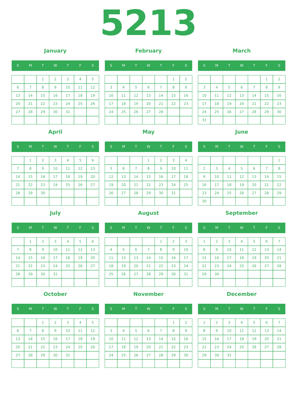Printable 5213 Year Calendars green