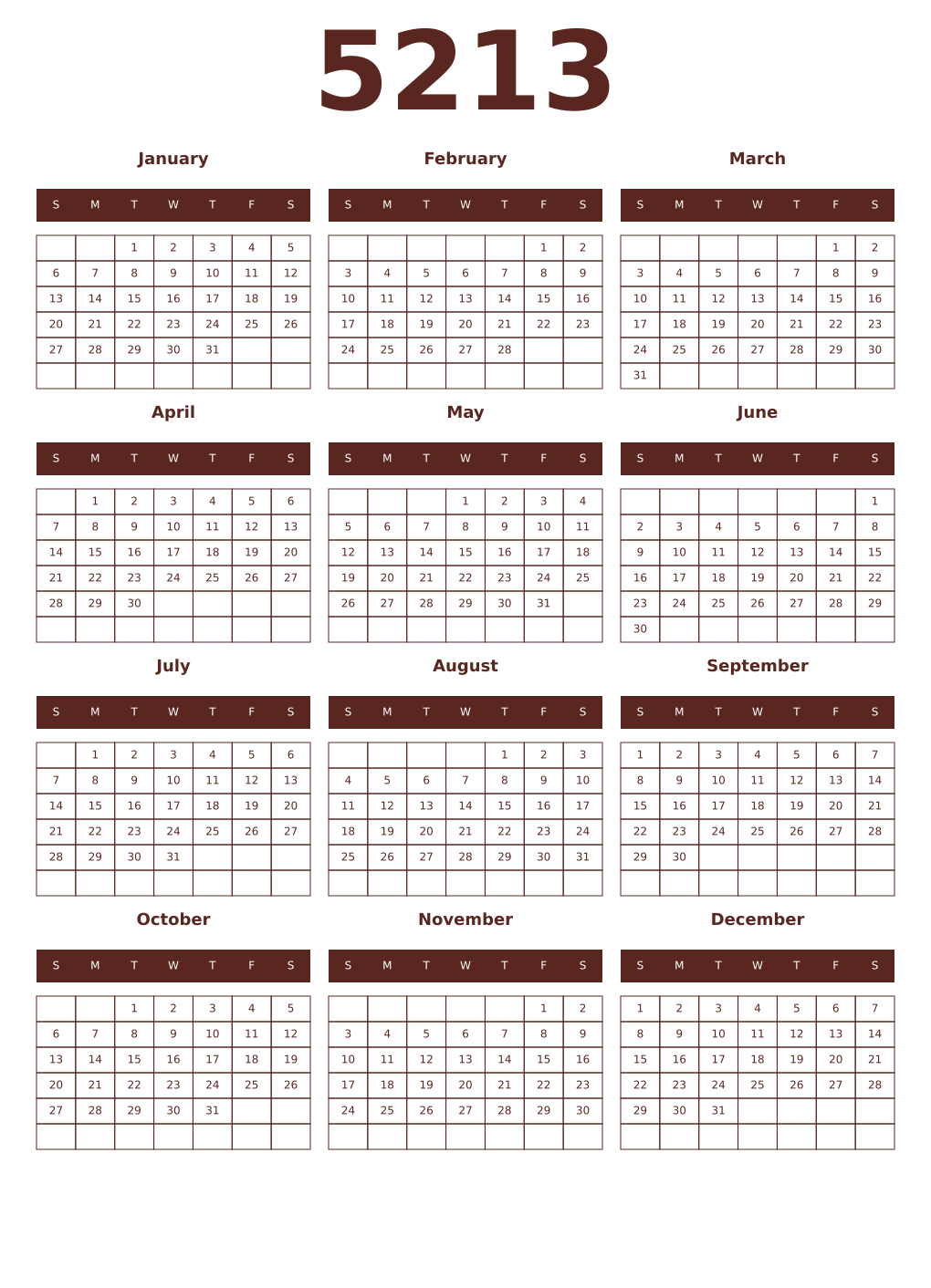 Printable 5213 Year Calendars mortuum