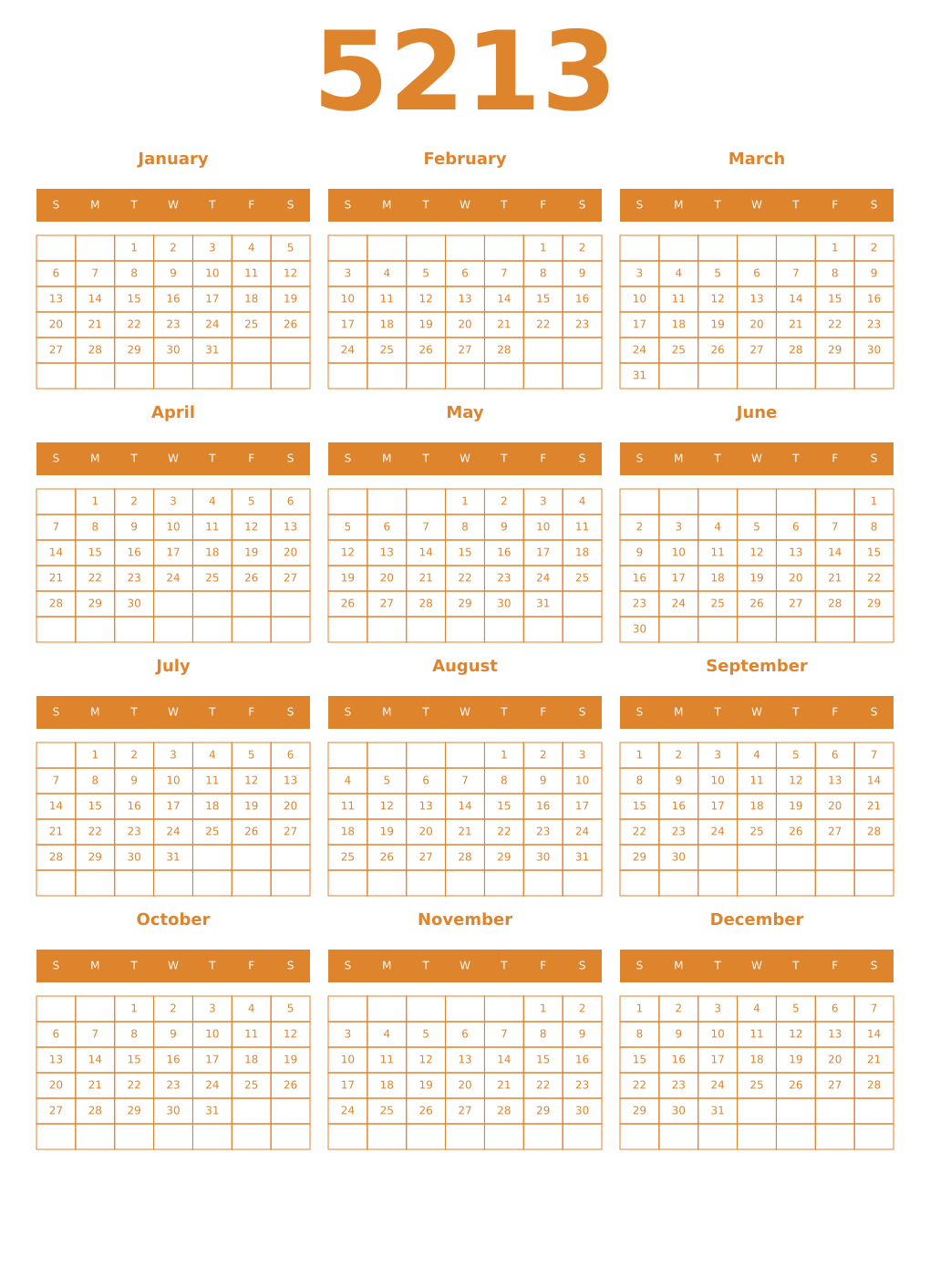Printable 5213 Year Calendars orange