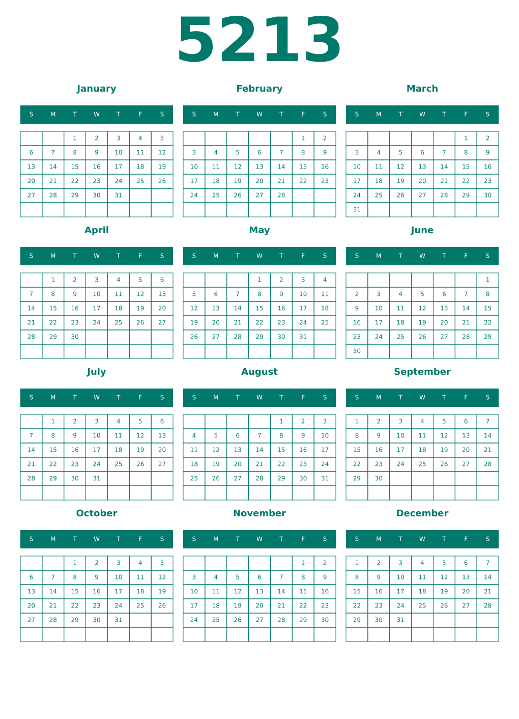 Printable 5213 Year Calendars pastel