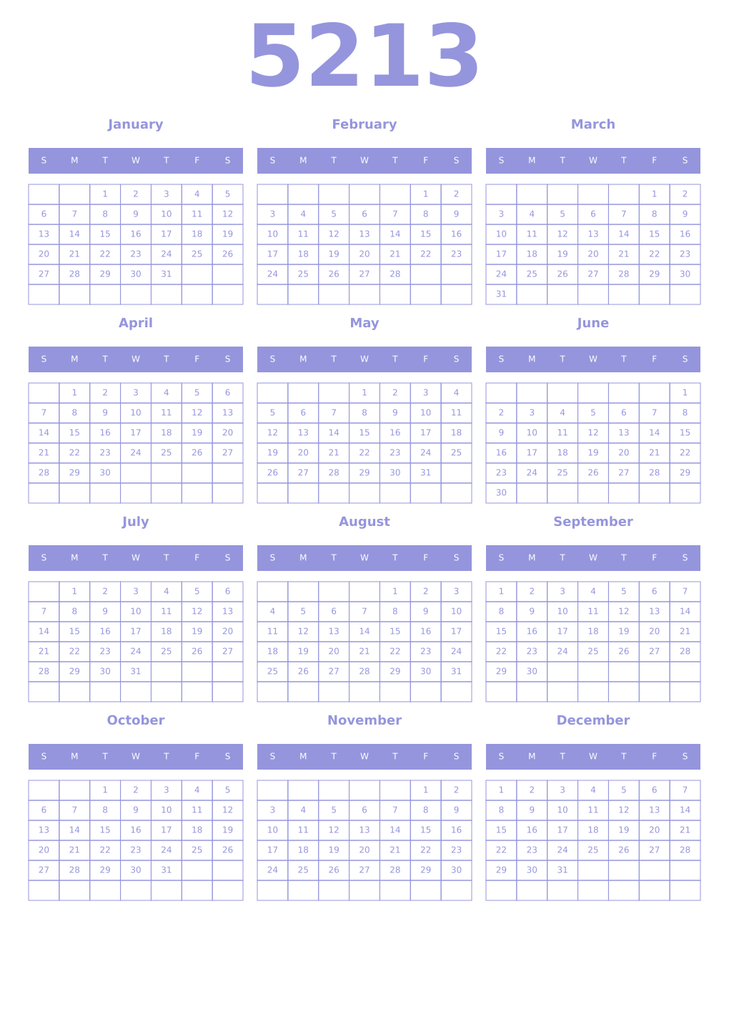 Printable 5213 Year Calendars periwinkle