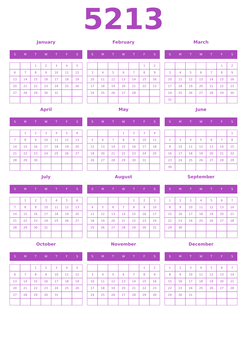 Printable 5213 Year Calendars purple